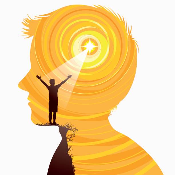 Hope Is Within You Vector Illustration of a beautiful concept of the meaning of knowing yourself and Seeking hope inside. This is illustrated by a image of a men raising his arms to the sun and a ray giving light. calm before the storm stock illustrations