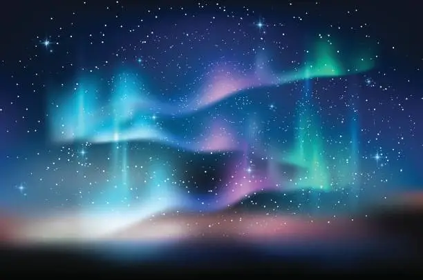 Vector illustration of Aurora blue sky, stars milky way, astronomy background, Vector illustration