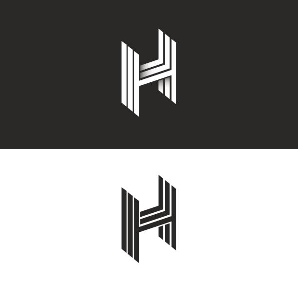 ilustraciones, imágenes clip art, dibujos animados e iconos de stock de monograma de hipster de perspectiva isométrica letra h, emblema de la tipografía lineal simple blanco y negro, símbolo de arte 3d - letra h