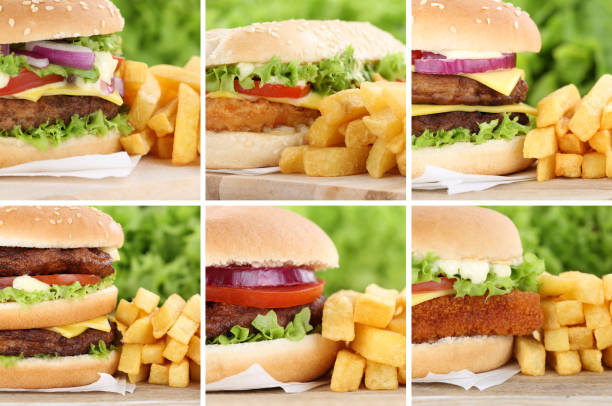 istock Hamburger collection set cheeseburger with fries closeup close up 658618872