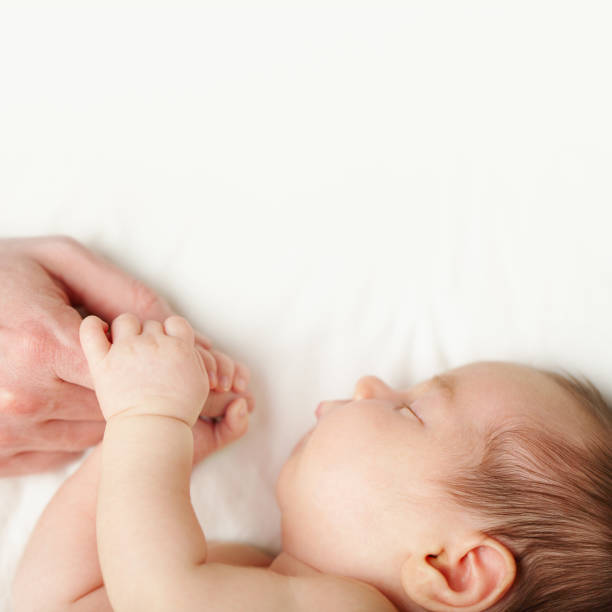 istock Baby and father's hands on white background 658631454