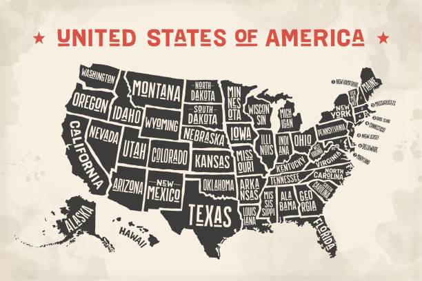 illustrazioni stock, clip art, cartoni animati e icone di tendenza di mappa poster stati uniti d'america con nomi di stato - retro revival new york state usa north america