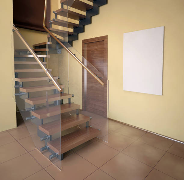 istock Mock up poster in interior with stairs. living room hipster style. 3d illustration 658634970