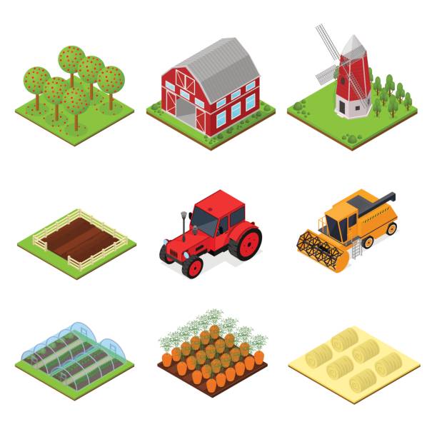 ikony koloru farmy ustaw widok izometryczny. wektor - isometric combine harvester tractor farm stock illustrations