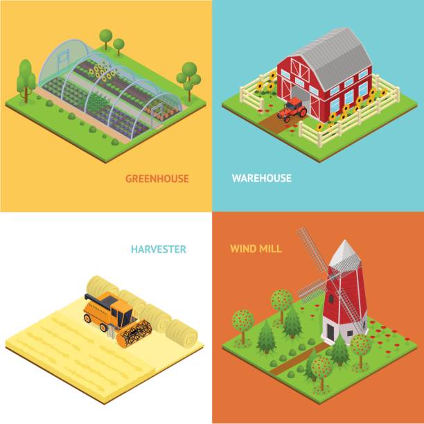 widok izometryczny zestawu kart banerów farmy. wektor - isometric combine harvester tractor farm stock illustrations