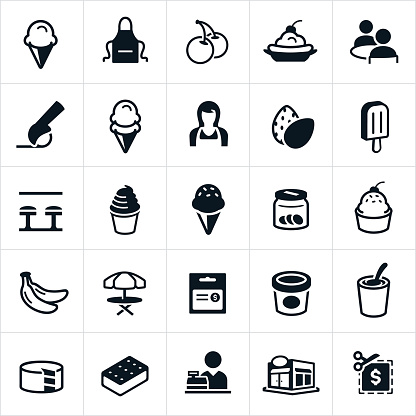 Ice cream icons specifically relating to ice cream shops. The icons include ice cream, ice cream cones, ice cream toppings, banana split, ice cream scoop, ice cream shop, ice cream sandwich and ice cream cake to name a few.
