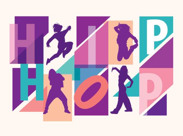 szczegółowe sylwetki dziewcząt tańczących wśród hip-hopowych napisów - funk jazz stock illustrations