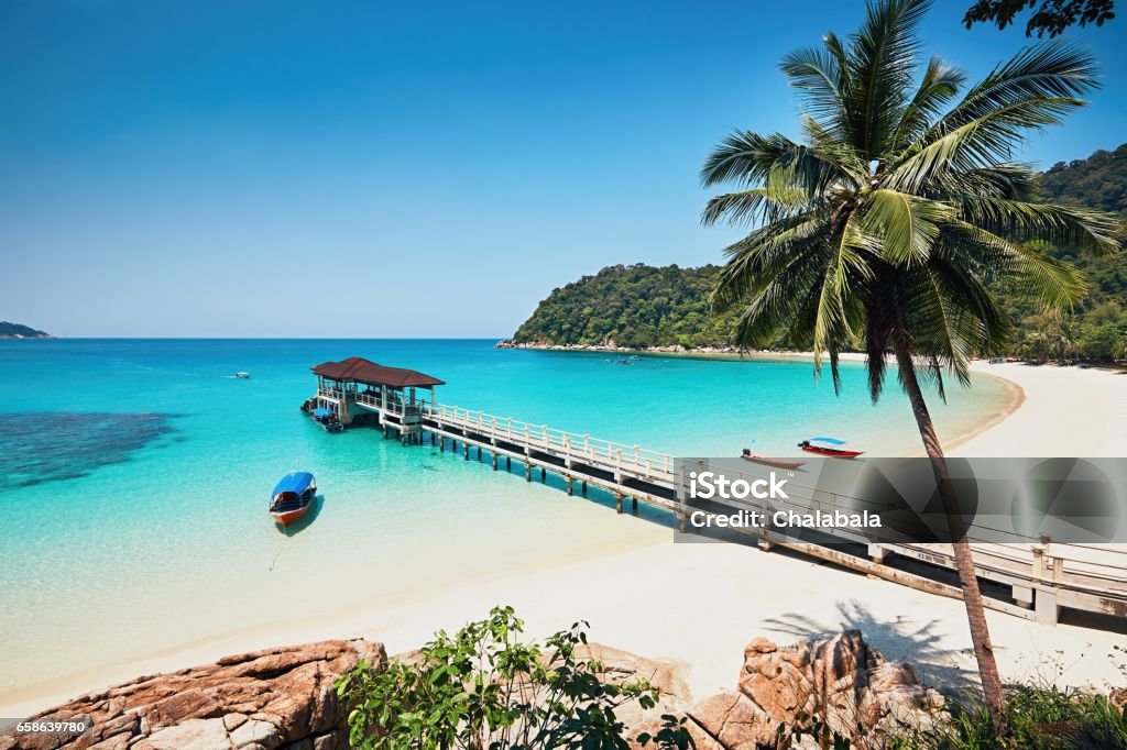 Perhentian Islands Sunny day on the idyllic beach. Perhentian Islands in Malaysia. Malaysia Stock Photo
