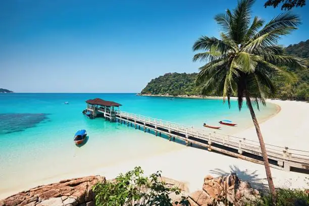 Sunny day on the idyllic beach. Perhentian Islands in Malaysia.