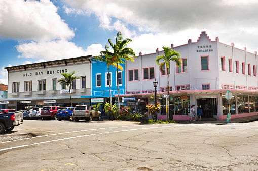 The vibrant historic downtown, tourist and retail district of the city of Hilo on the Big Island of Hawaii. A popular destination for local residents and tourists alike. Located on the northeast shore of the island of Hawaii. Taken on March 13, 2017 in Hilo, Hawaii.
