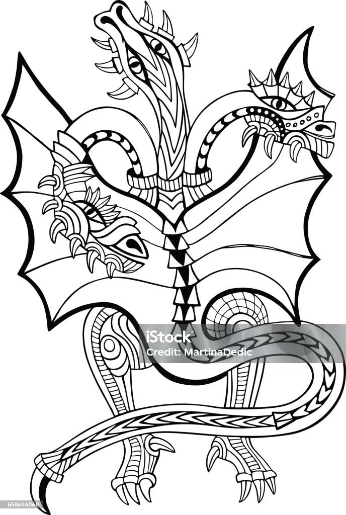 Three-headed dragon Three-headed dragon. Coloring book. Hand drawn vector illustration with geometric and floral elements. Coloring stock vector