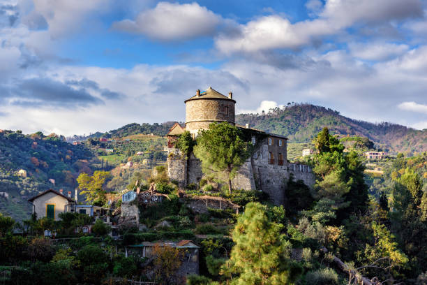 Portofino, Italy - December 11, 2016: Old medieval castle, located on a hill near harbor of Portofino town, Italy