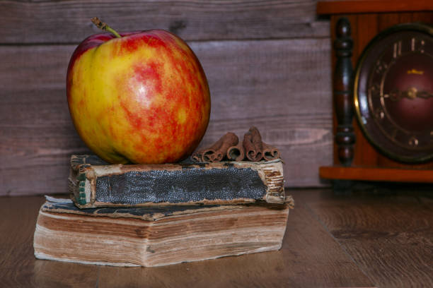 istock Apple is red on a pile of old books. 658646172