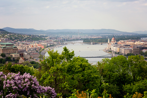 View of the Hungarian Parliament and the Szechenyi Chain Bridge in Budapest at day