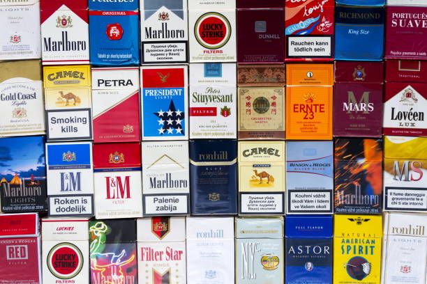 Packs of cigarettes photographed with top view flat lay composition stock photo