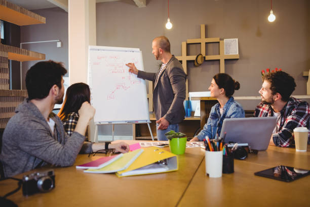 istock Male graphic designer discussing chart on white board with coworkers 658657320