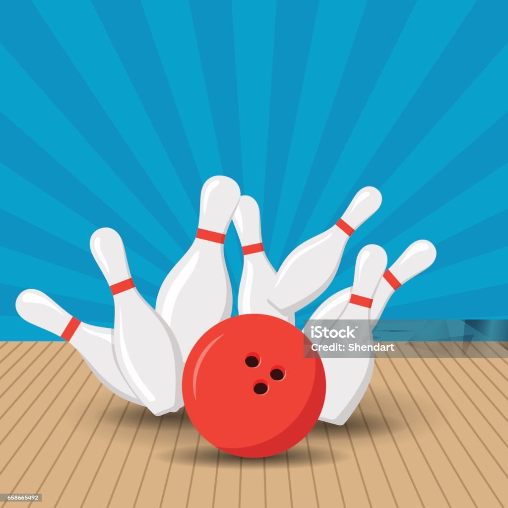 Plakat-Spiele in der Bowlingclub. Vektor-Hintergrund-Design mit Streik bei Gasse Kugel Kegeln. Flache Darstellung. - Lizenzfrei Bowling Vektorgrafik