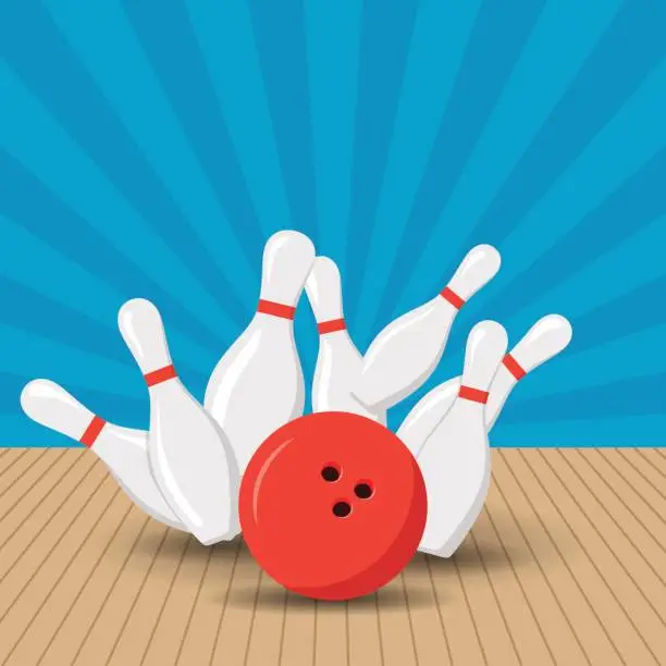 Vector illustration of Poster games in the bowling club. Vector background design with strike at alley ball skittles. Flat illustration.