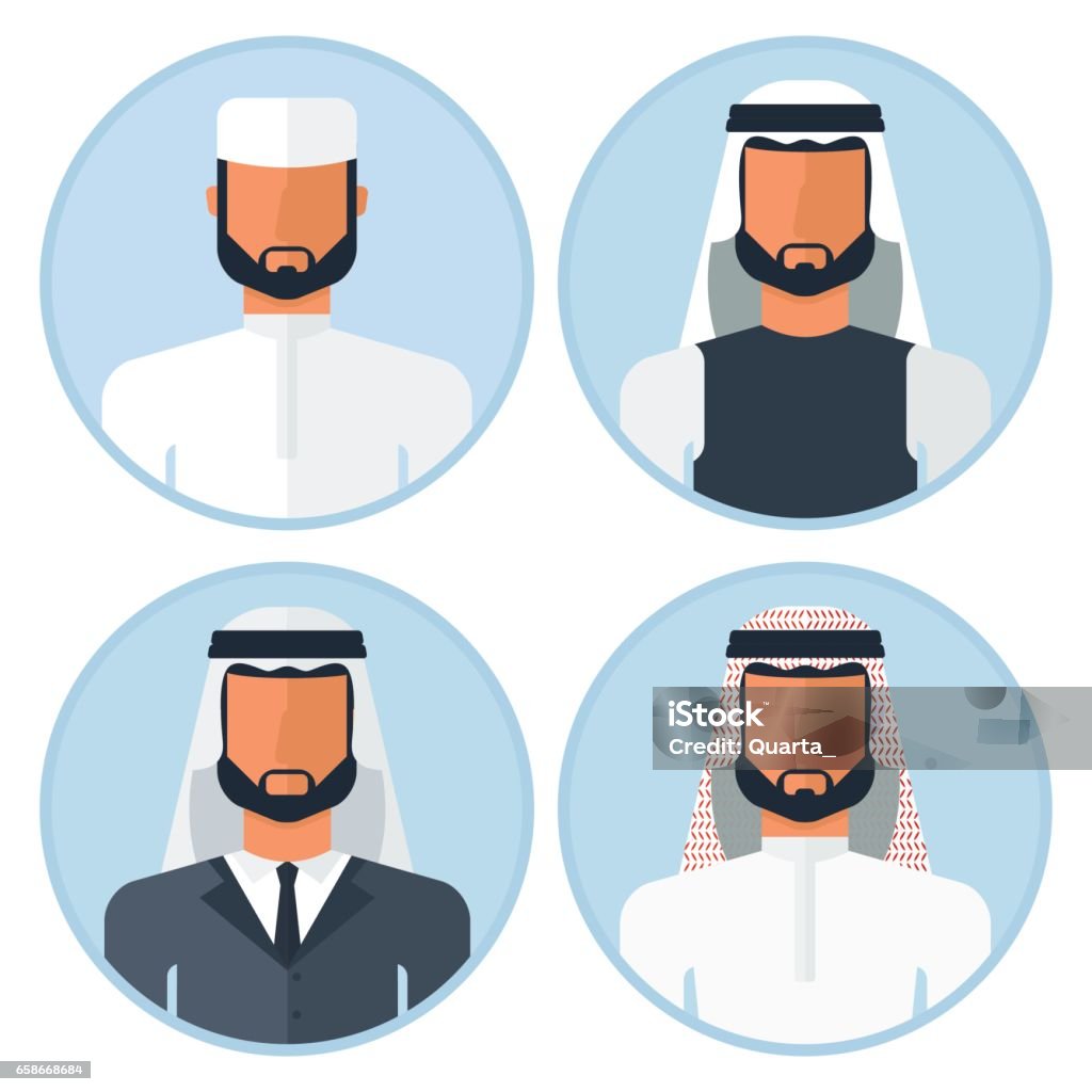 set of arabian man Arab man in different kinds of clothes. Traditional clothes and hats, business suit. Flat vector cartoon illustration. Objects isolated on a white background. Men stock vector