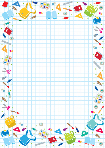 Vector background illustration or design template with education supplies on a background in the box, like in the school notebook