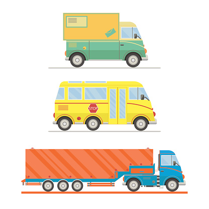 Cartoon Transport Set Postal Truck School Bus Semitrailer Truck Vector ...