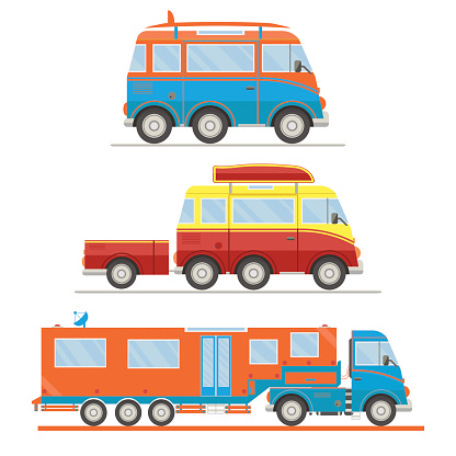 Cartoon Transport Set Van With Surfboard Van With Trailer Campervan ...