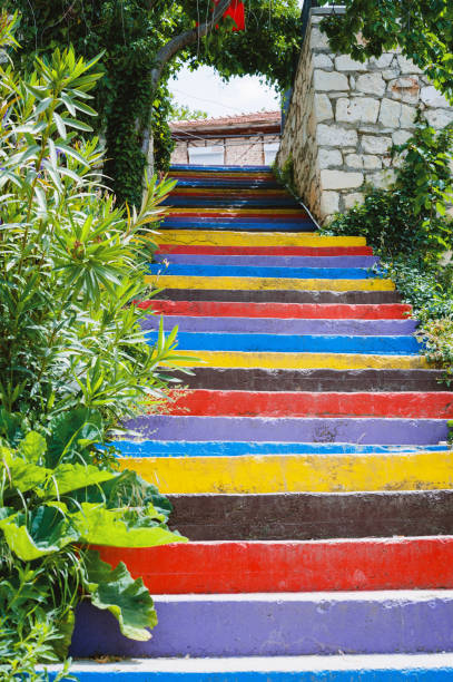 istock Stairs painted in rainbow colors background 658680790