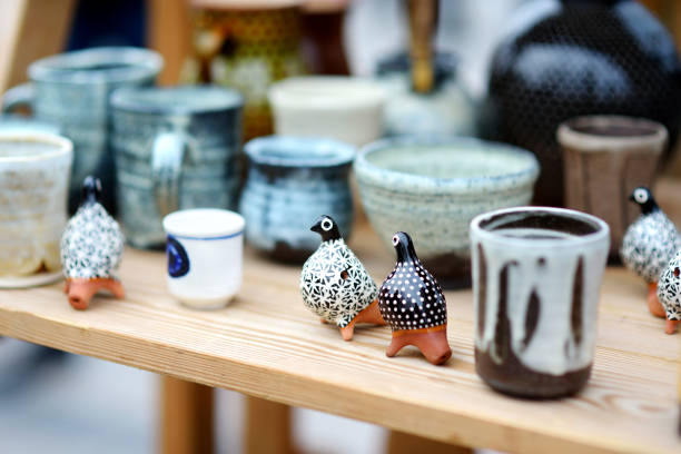 Ceramic dishes, tableware and jugs sold on Easter market in Vilnius, Lithuania stock photo