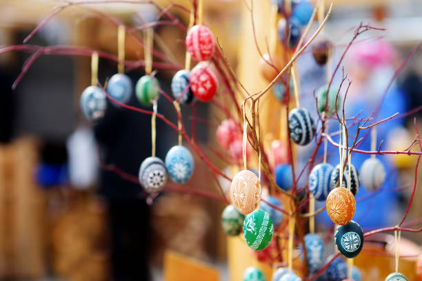 Colorful Easter eggs sold in annual traditional crafts fair in Vilnius stock photo