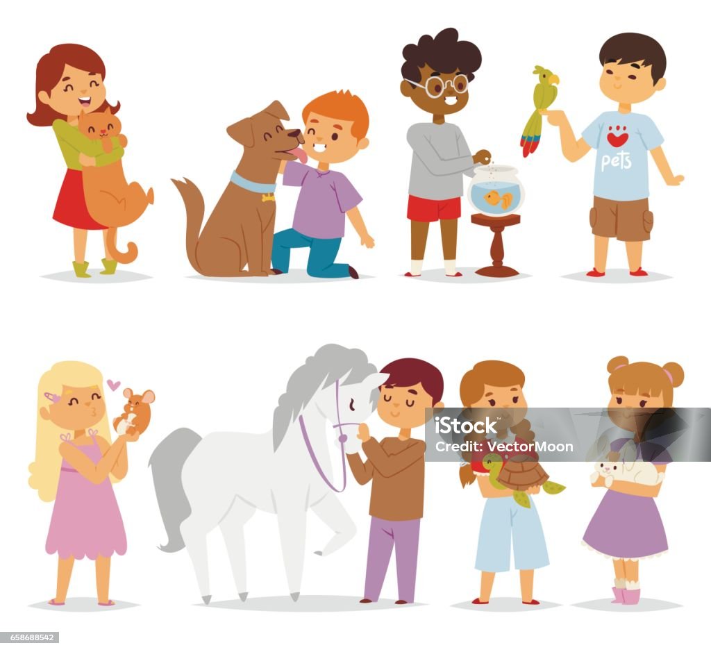 Toddler Cartoon Kids Characters Petting Little Pet In And Cute ...