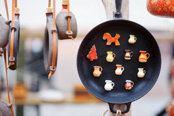 Ceramic dishes, tableware and jugs sold on Easter market in Vilnius. Lithuanian capital's annual traditional crafts fair is held every March on Old Town streets.