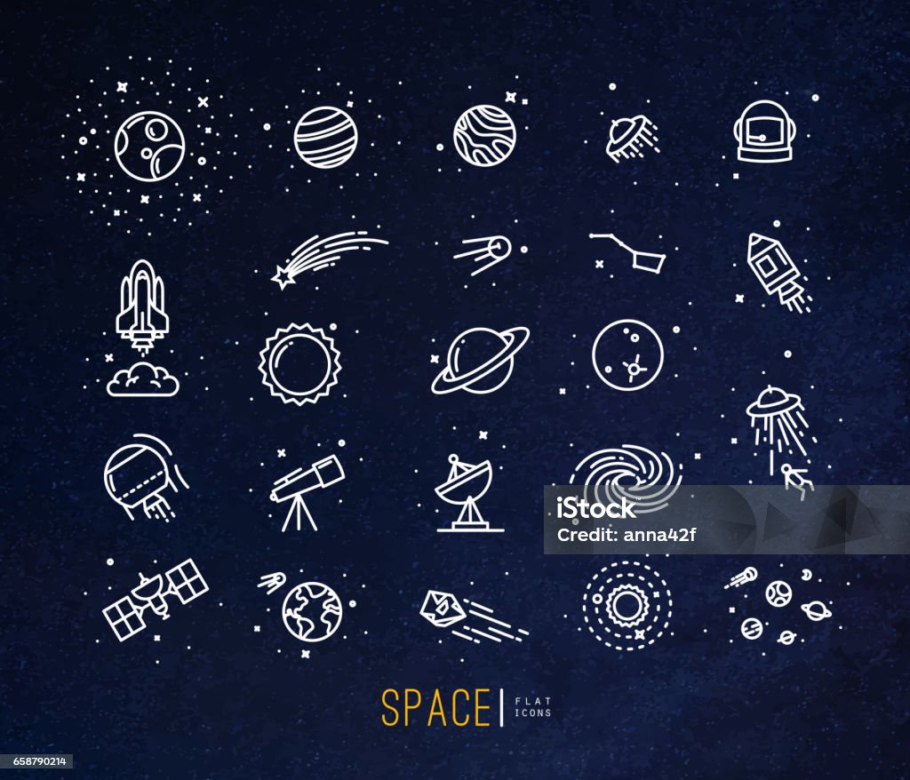 Space flat icons blue Space flat icons drawing with white lines on blue background. Icon Symbol stock vector