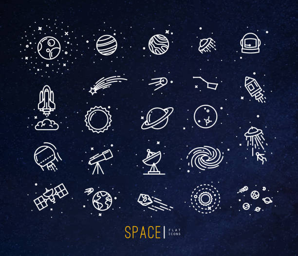 Space flat icons blue Space flat icons drawing with white lines on blue background. galaxy stock illustrations
