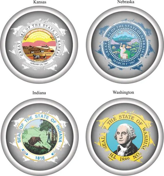 Vector illustration of Set of icons. States of USA seals. Vector. 3D.