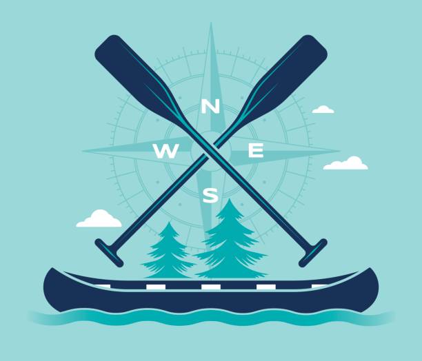 ilustrações, clipart, desenhos animados e ícones de símbolo de canoa bússola verão aventura - canoe canoeing paddling oar