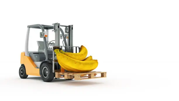Modern forklift truck with banana. 3d rendering