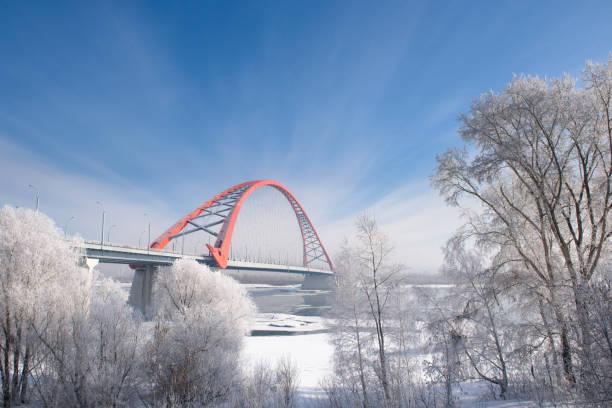 The bridge over the river Ob in Novosibirsk. Winter, frost, hoarfrost.
