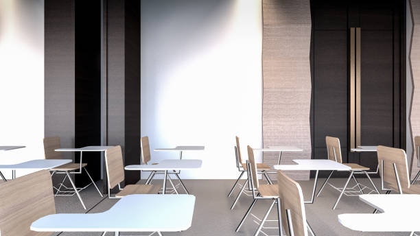 istock White lecture tables in seminar room, 3D rendering 658827288