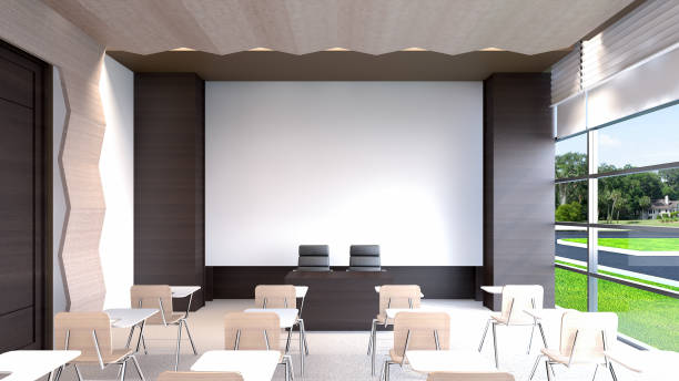 the grand seminar room with garden view , 3d rendering - lecture hall auditorium university empty imagens e fotografias de stock