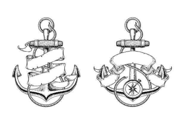 Vector illustrations of nautical anchors with ribbon Two vector illustrations of nautical anchors with ribbon in the engraving style. Print for T-shirts nautical tattoos stock illustrations