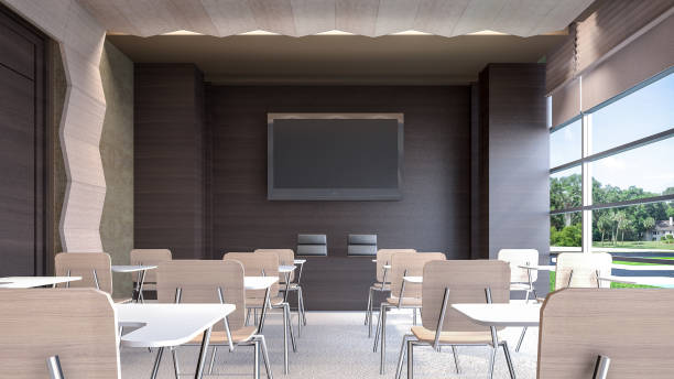 istock Luxury seminar room with garden view , 3D rendering 658829680