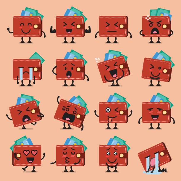 Wallet character emoji set Wallet character emoji set. Funny cartoon emoticons money cry stock illustrations