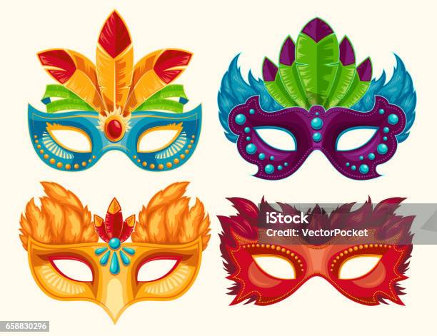 Collection De Masques De Carnaval De Dessin Animé Orné De Plumes Et De Strass Vecteurs libres de droits et plus d'images vectorielles de Masque de mascarade