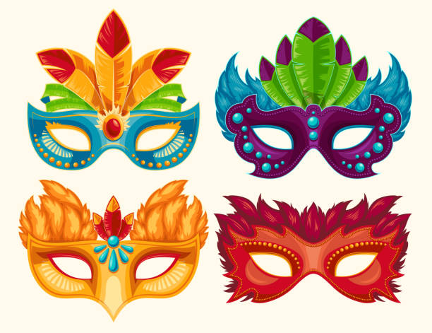 Collection of cartoon carnival masks decorated with feathers and rhinestones Collection of cartoon illustrations of venetian painted carnival facial masks for a party decorated with feathers and rhinestones isolated on a light background mardi gras stock illustrations