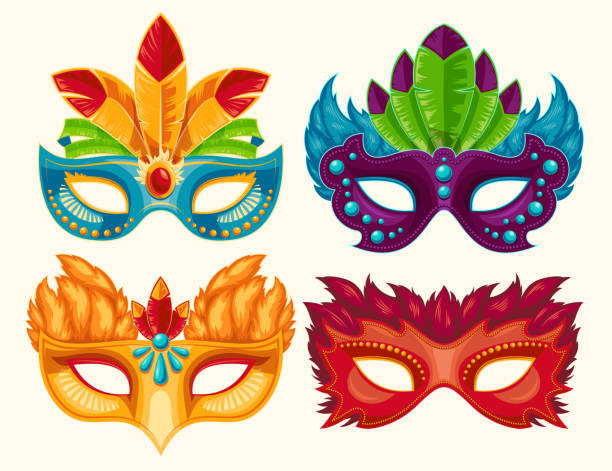 Collection of cartoon carnival masks decorated with feathers and rhinestones Collection of cartoon illustrations of venetian painted carnival facial masks for a party decorated with feathers and rhinestones isolated on a light background painted masquerade masks stock illustrations