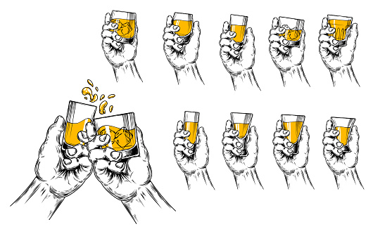 Vector illustration of two hands raised stemware with alcohol in a toast and a set of stemware of different shapes. Engraving style