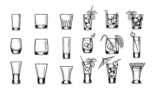 Set of vector illustration of stemware. Glasses for alcohol. Engraving style