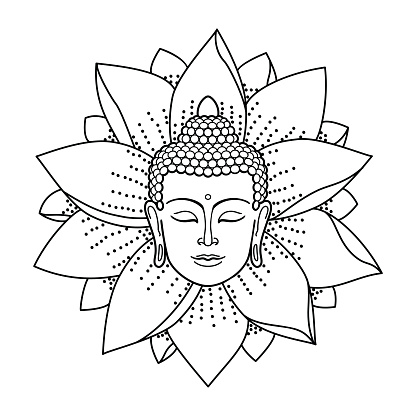 Buddha Head and Lotus isolated on white background. Sign for tattoo, textile print, mascots and amulets. Coloring page.