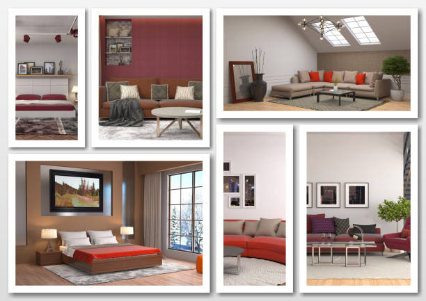 istock Collage of modern home red interior. 3d illustration 658833934
