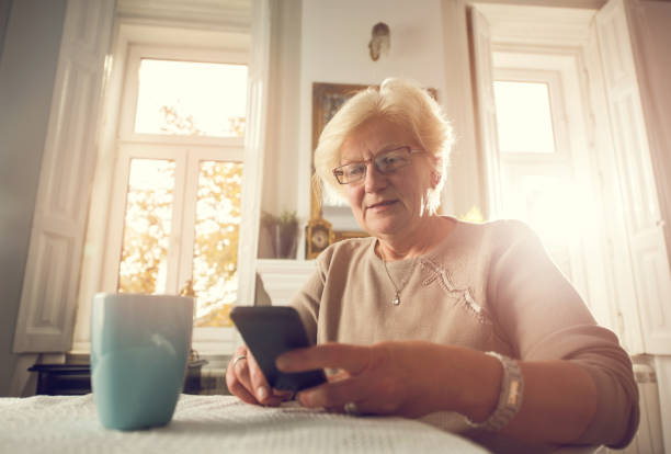 istock Senior woman text messaging on mobile phone at home. 658834534
